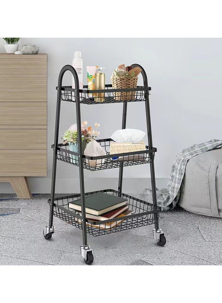 POWER 3-Tier Metal Cart, Multifunctional Storage Cart with Handle and Lockable Wheels, Utility Cart for Office, Bathroom, Kitchen, Black - Image 1