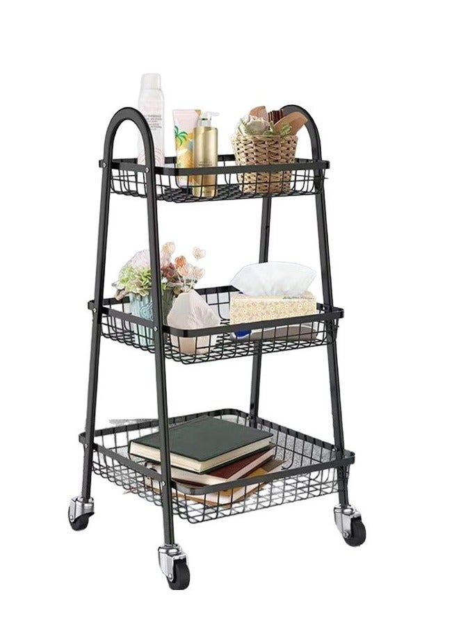 POWER 3-Tier Metal Cart, Multifunctional Storage Cart with Handle and Lockable Wheels, Utility Cart for Office, Bathroom, Kitchen, Black - Image 2