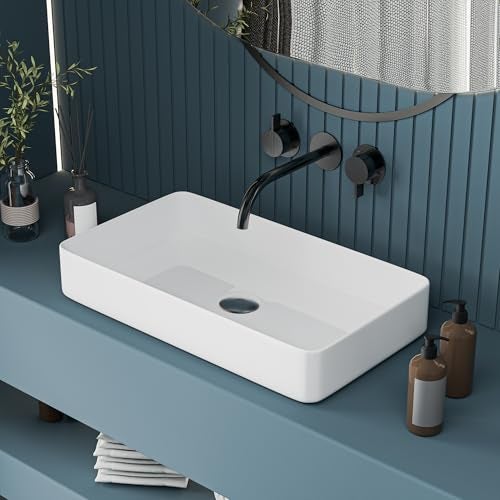 LUXART Tabletop Wash Basin For Bathroom - 24×14×5 Inc Ceramic Glossy White Countertop Washbasin | Vessel Sink For Hotel, Dining Hall, Vanity | Over counter Top Washroom Sink - Image 1