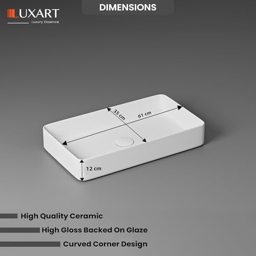 LUXART Tabletop Wash Basin For Bathroom - 24×14×5 Inc Ceramic Glossy White Countertop Washbasin | Vessel Sink For Hotel, Dining Hall, Vanity | Over counter Top Washroom Sink - Image 5