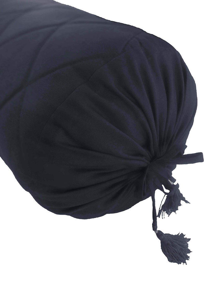 Saffron Cotton Removable Quilted Bolster Cover (25 Diameter x 60 cm Long, Navy Blue) -Set of 2 - Image 3
