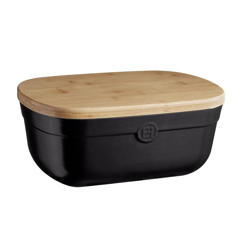 Emile Henry 14 Ceramic Bread Box Wood Lid Black Truffle