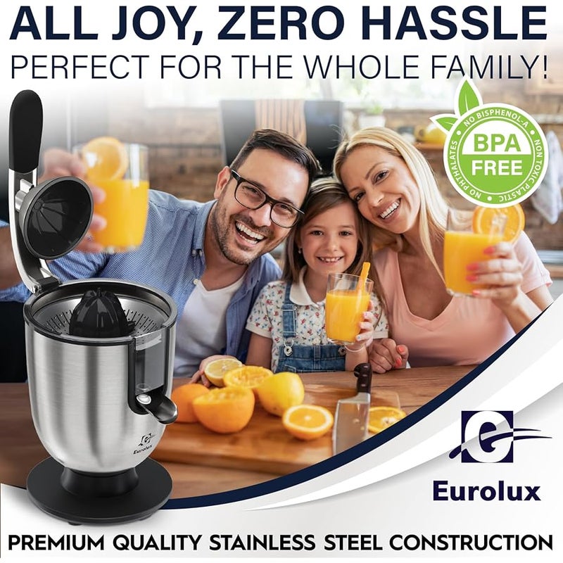 EUROLUX Electric Citrus Juicer Squeezer, for Orange, Lemon, Grapefruit, Stainless Steel 160 Watts of Power Soft Grip Handle and Cone Lid for Easy Use (ELCJ-1700S) - Image 5