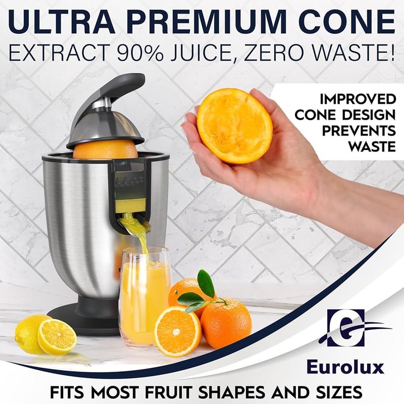 EUROLUX Electric Citrus Juicer Squeezer, for Orange, Lemon, Grapefruit, Stainless Steel 160 Watts of Power Soft Grip Handle and Cone Lid for Easy Use (ELCJ-1700S) - Image 4