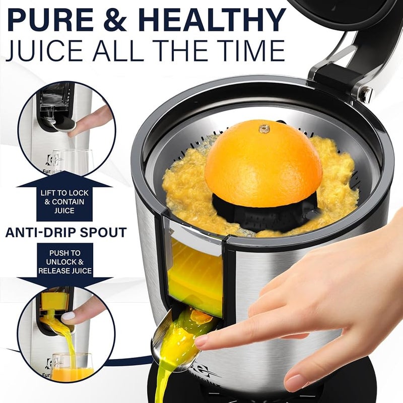 EUROLUX Electric Citrus Juicer Squeezer, for Orange, Lemon, Grapefruit, Stainless Steel 160 Watts of Power Soft Grip Handle and Cone Lid for Easy Use (ELCJ-1700S) - Image 2