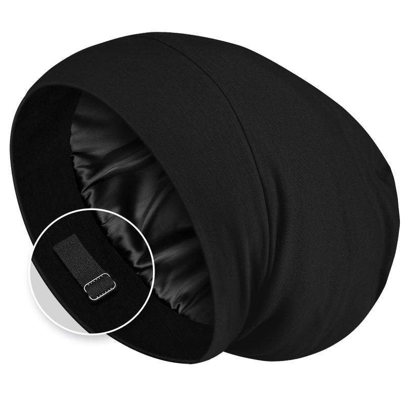 Zenssia Satin Lined Hair Bonnet for Sleeping Sleep Cap for Women and Men with Adjustable Strap Stay On All Night Hair Wrap Black Pack of 1
