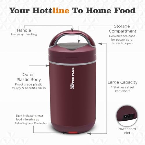 Jaypee Plus Hottline Electric Lunch Box with 4 Stainless Steel Container 320x4 ml Office Lunch Box for Men & Women Spillproof Leakproof Tiffin Box Perfect for Hot Food Reheat Food in 30 Minute,Maroon - Image 2