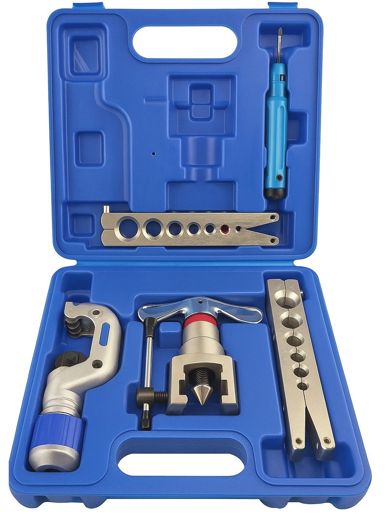 45° Eccentric Tube Flaring Tool Kit 1/4”-3/4” for Copper Pipes | HVAC Single Flare Expander with Pipe Cutter & Reamer - Image 1