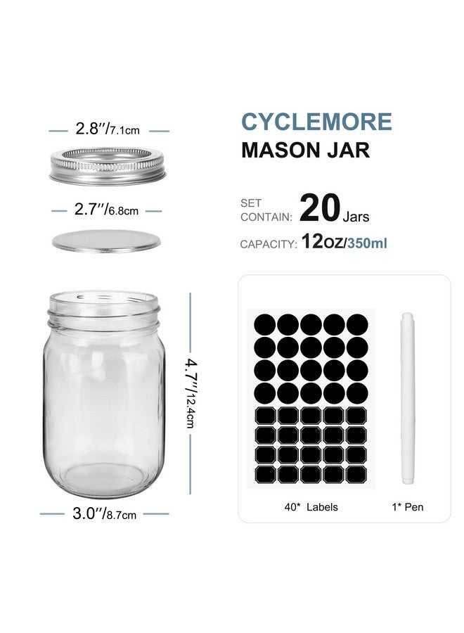 CycleMore 20 Pcs 12oz Glass Mason Jars With Silver Separable Lids, 350ml Round Canning Jars for Honey, Jam, Herb, Wedding Favor, Kitchen Storage Wide Mouth Bottles for Crafts, Meal Prep - Image 1
