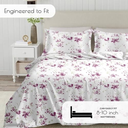 Plumora Cotton King Size Bedsheet 108x108 Super King, 100% Pure Cotton Bed Sheet with 2 Pillow Covers, 300 TC Soft Breathable Floral Design Bedding - (Purple Spring) - Image 3