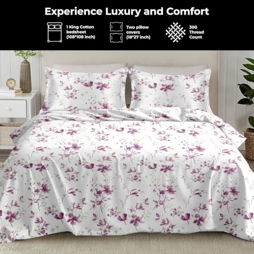 Plumora Cotton King Size Bedsheet 108x108 Super King, 100% Pure Cotton Bed Sheet with 2 Pillow Covers, 300 TC Soft Breathable Floral Design Bedding - (Purple Spring) - Image 2