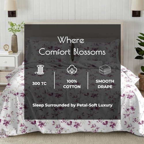 Plumora Cotton King Size Bedsheet 108x108 Super King, 100% Pure Cotton Bed Sheet with 2 Pillow Covers, 300 TC Soft Breathable Floral Design Bedding - (Purple Spring) - Image 5