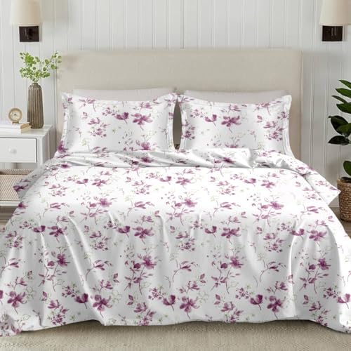Plumora Cotton King Size Bedsheet 108x108 Super King, 100% Pure Cotton Bed Sheet with 2 Pillow Covers, 300 TC Soft Breathable Floral Design Bedding - (Purple Spring) - Image 1