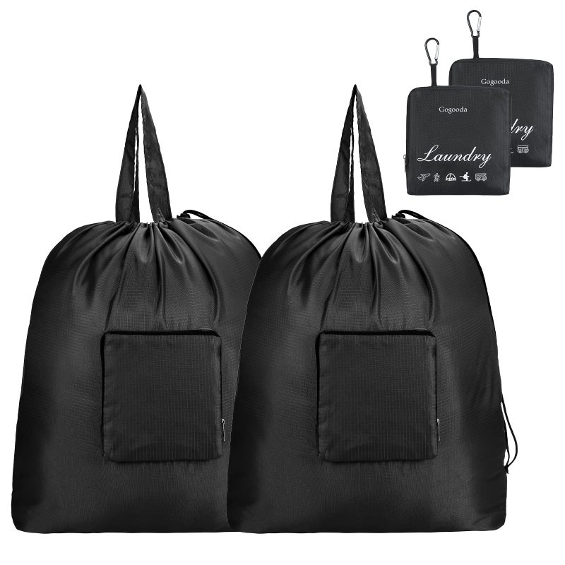 Gogooda Travel Laundry Bags With Drawstring Closure Xl Large Foldable Dirty Clothes Bags With Handle Heavy Duty And Washable For College Dorm Travelling Camping, 2 Pack, Black - Image 1
