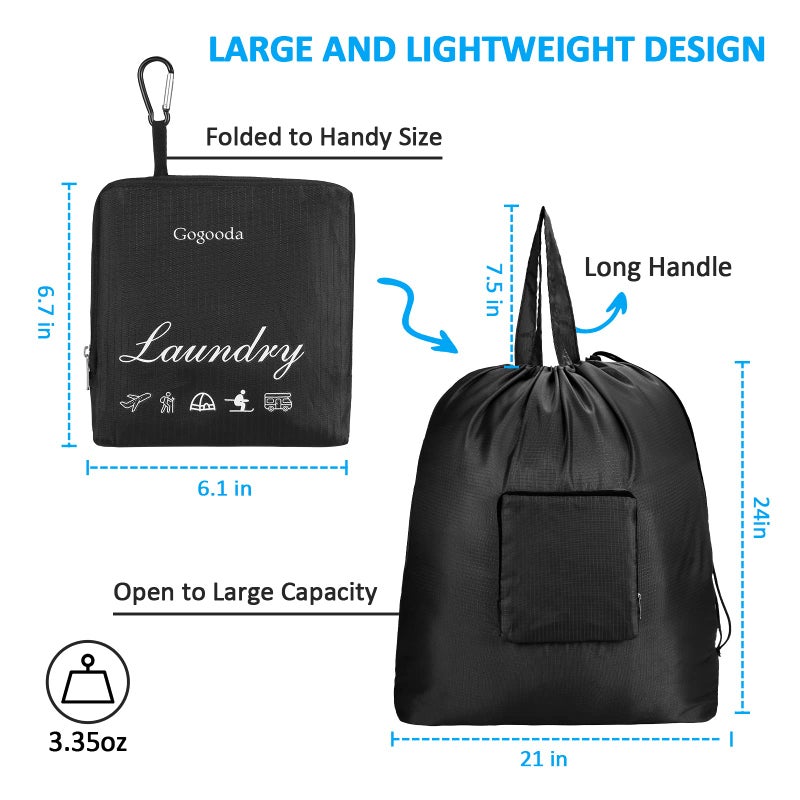 Gogooda Travel Laundry Bags With Drawstring Closure Xl Large Foldable Dirty Clothes Bags With Handle Heavy Duty And Washable For College Dorm Travelling Camping, 2 Pack, Black - Image 2
