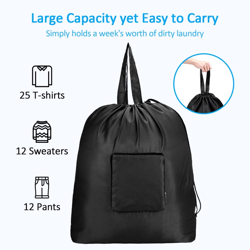 Gogooda Travel Laundry Bags With Drawstring Closure Xl Large Foldable Dirty Clothes Bags With Handle Heavy Duty And Washable For College Dorm Travelling Camping, 2 Pack, Black - Image 4