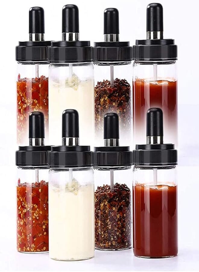 Brezzycloud 300ml Glass Seasoning Container (300Ml, 8 Pieces), Pickle Storage Jar, Oil/Honey Dispenser Bottle with Spoon, (Glass Jar with Seasoning Spoon) (Set Of 8)