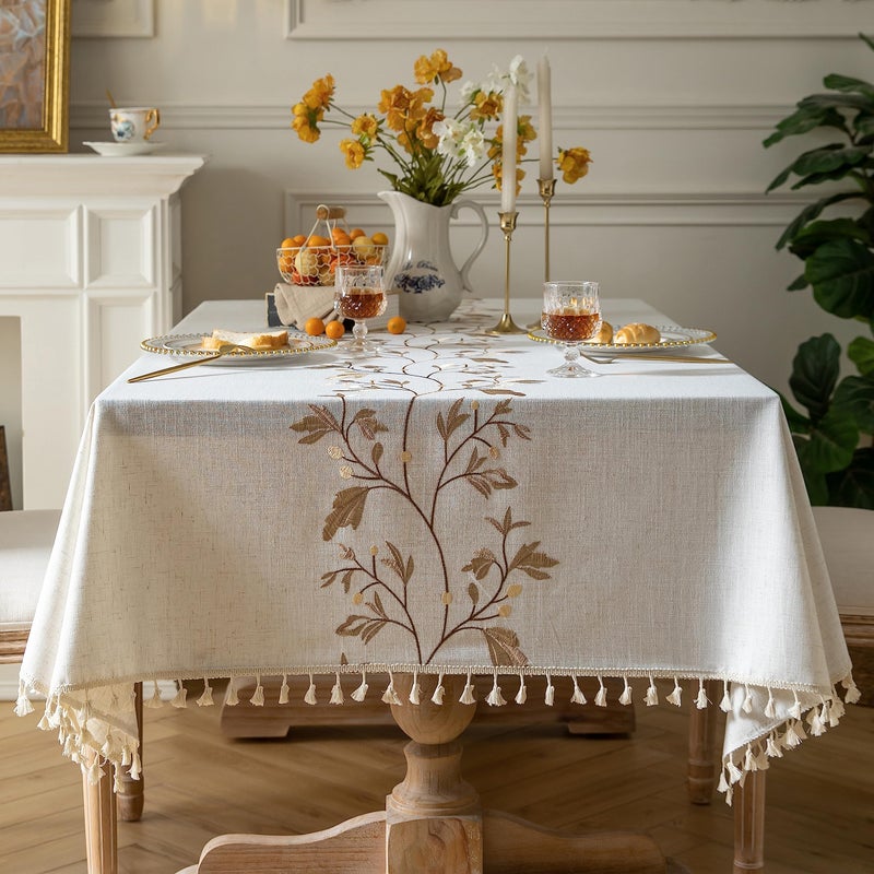 Oubonun Cotton Linen Rectangular Tablecloth  Wrinkle Resistant  Waterproof  Machine Washable Table Cloth with Tassels for Kitchen  Dining 55x86 68 Seats