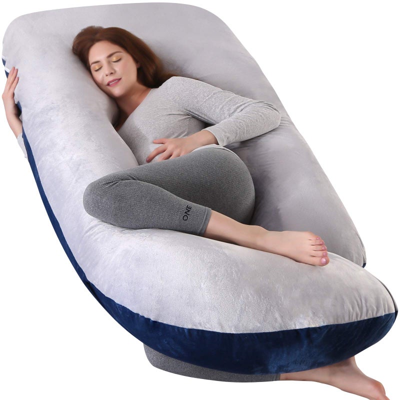 Pregnancy Must Haves Pregnancy Pillow U,Shaped Full Body Maternity Support Pillow for Pregnant Women with Replaceable and Washable Velvet Cover Size 57inches, Blue,Grey, Velvet - Image 1