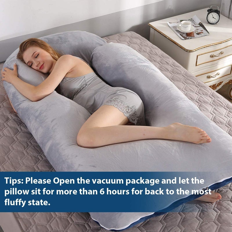 Pregnancy Must Haves Pregnancy Pillow U,Shaped Full Body Maternity Support Pillow for Pregnant Women with Replaceable and Washable Velvet Cover Size 57inches, Blue,Grey, Velvet - Image 4