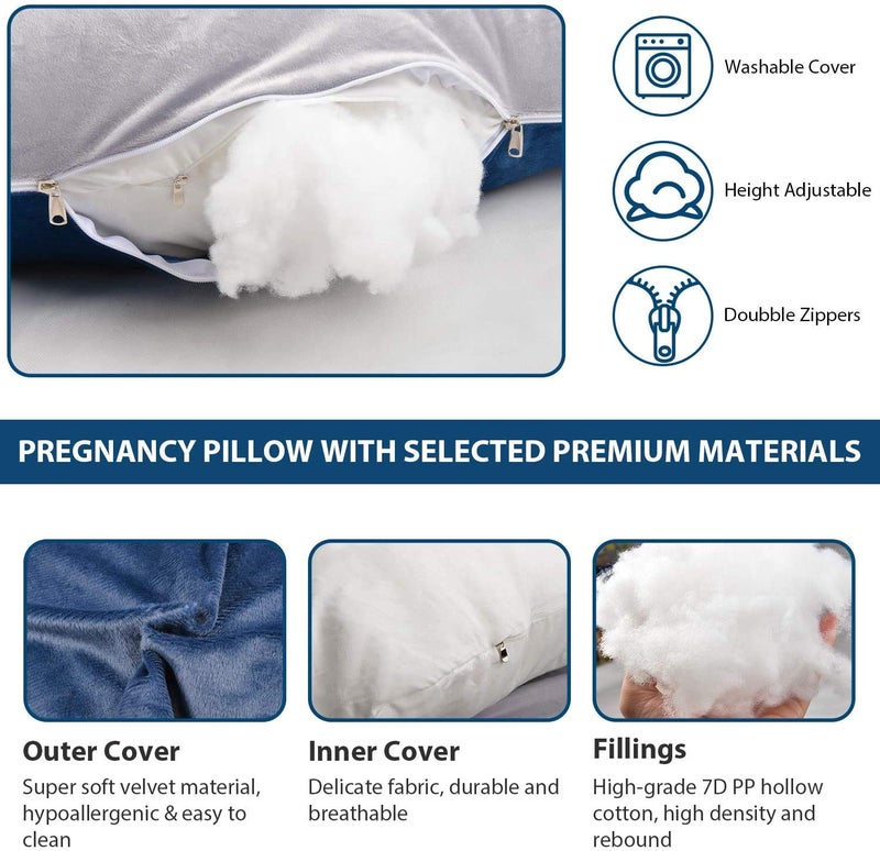 Pregnancy Must Haves Pregnancy Pillow U,Shaped Full Body Maternity Support Pillow for Pregnant Women with Replaceable and Washable Velvet Cover Size 57inches, Blue,Grey, Velvet - Image 3