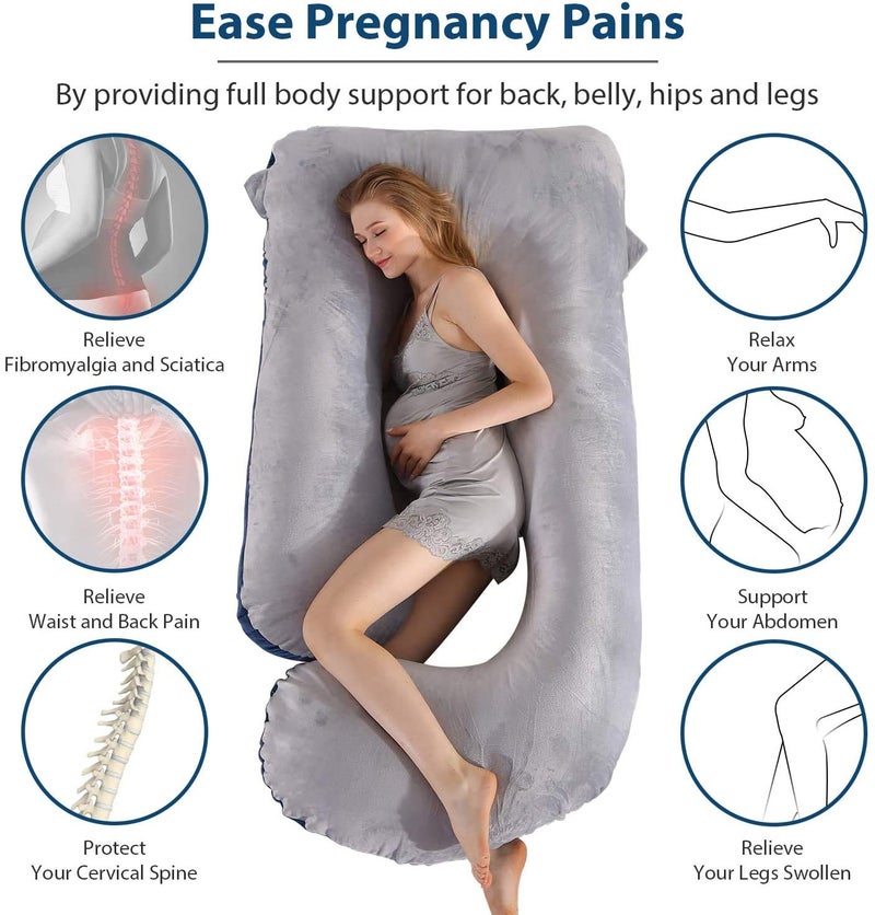 Pregnancy Must Haves Pregnancy Pillow U,Shaped Full Body Maternity Support Pillow for Pregnant Women with Replaceable and Washable Velvet Cover Size 57inches, Blue,Grey, Velvet - Image 5