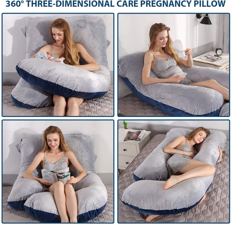 Pregnancy Must Haves Pregnancy Pillow U,Shaped Full Body Maternity Support Pillow for Pregnant Women with Replaceable and Washable Velvet Cover Size 57inches, Blue,Grey, Velvet - Image 2