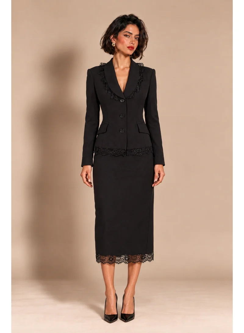 2Trendy Womens Black Two Piece Blazer and Midi Skirt Set with Lace Details