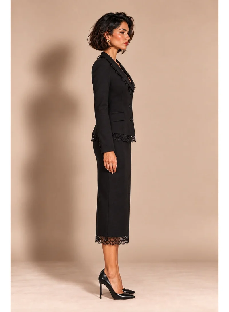2Trendy Womens Black Two Piece Blazer and Midi Skirt Set with Lace Details