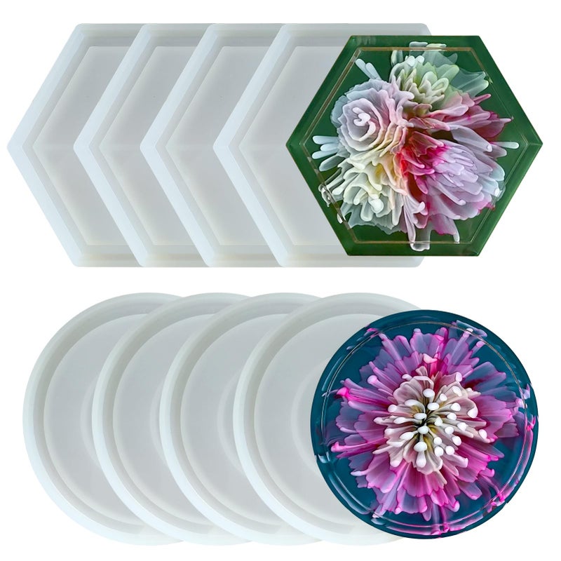 Midnadiy 8 Pcs Coaster Resin Molds - Durable Silicone Coaster Molds for Epoxy Resin, Round Hexagon Jewelry Tray Mold for DIY Trinket Tray, Casting Crafts, Home Decoration, Ornaments, Gifts - Image 1