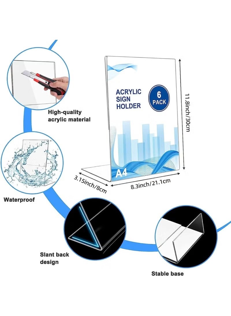 EMODA A4 Acrylic Sign Holder 6 Pack – Slant L-Type Clear Display Stand, Plastic Paper Holder & Photo Frame for Office, Restaurants, Hotels, Shops, Menu Display, Durable Transparent Organizer - Image 2