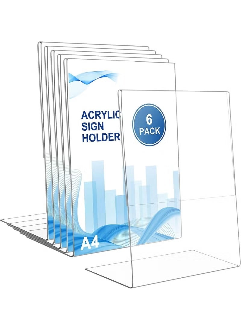 EMODA A4 Acrylic Sign Holder 6 Pack – Slant L-Type Clear Display Stand, Plastic Paper Holder & Photo Frame for Office, Restaurants, Hotels, Shops, Menu Display, Durable Transparent Organizer - Image 1