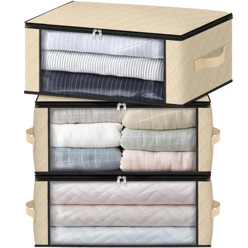 HomeHacks مجموعة هوم هاكس للتخزين، 3 أكياس تخزين لتنظيم الملابس، صندوق تخزين قابل للطي بنافذة شفافة كبيرة ومقابض متينة، مناسب للخزانة، غرف النوم، الوسائد، أغطية الأسرة، الملابس، والبطانيات، سعة 35 لتر، لون بيج. - Image 1