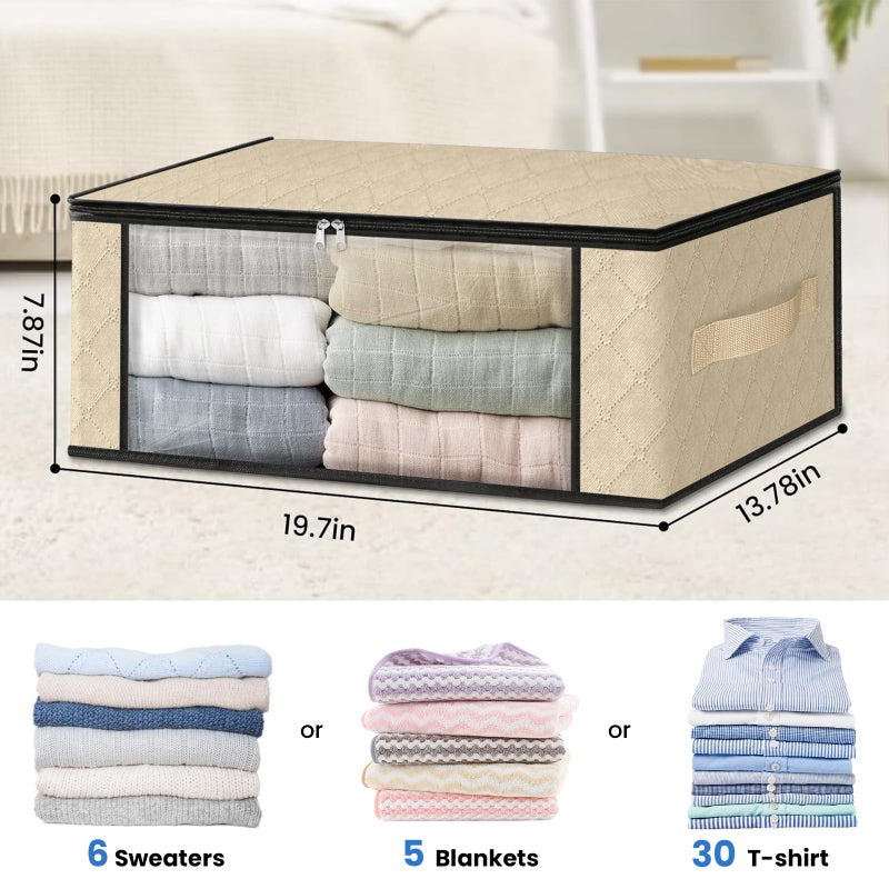 HomeHacks مجموعة هوم هاكس للتخزين، 3 أكياس تخزين لتنظيم الملابس، صندوق تخزين قابل للطي بنافذة شفافة كبيرة ومقابض متينة، مناسب للخزانة، غرف النوم، الوسائد، أغطية الأسرة، الملابس، والبطانيات، سعة 35 لتر، لون بيج. - Image 2