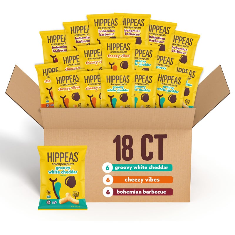 Hippeas Chickpea Puffs, Variety Pack: Vegan White Cheddar, Nacho Vibes, Barbecue, Sriracha, 0.8 Ounce (Pack of 18), 3g Protein, 2g Fiber, Vegan, Gluten-Free, Crunchy, Plant Protein Snacks - Image 1