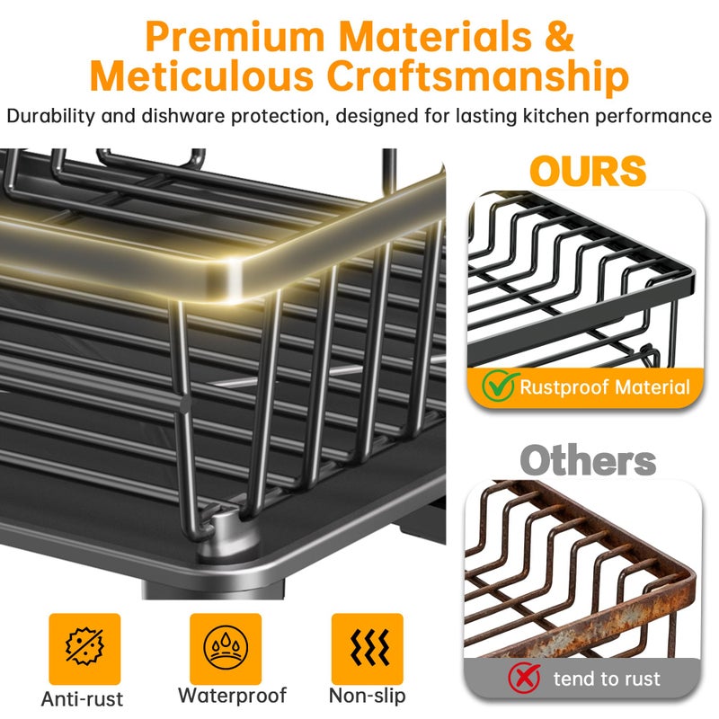 IMXSUMDA Dish Drying Rack, 2 Tier Dish Racks for Kitchen Counter, Compact Drying Rack Kitchen, Rust-Resistant Dish Drainer, Detachable Space-Saving Dish Rack with Drainboard, Utensil Holder, Black - Image 4