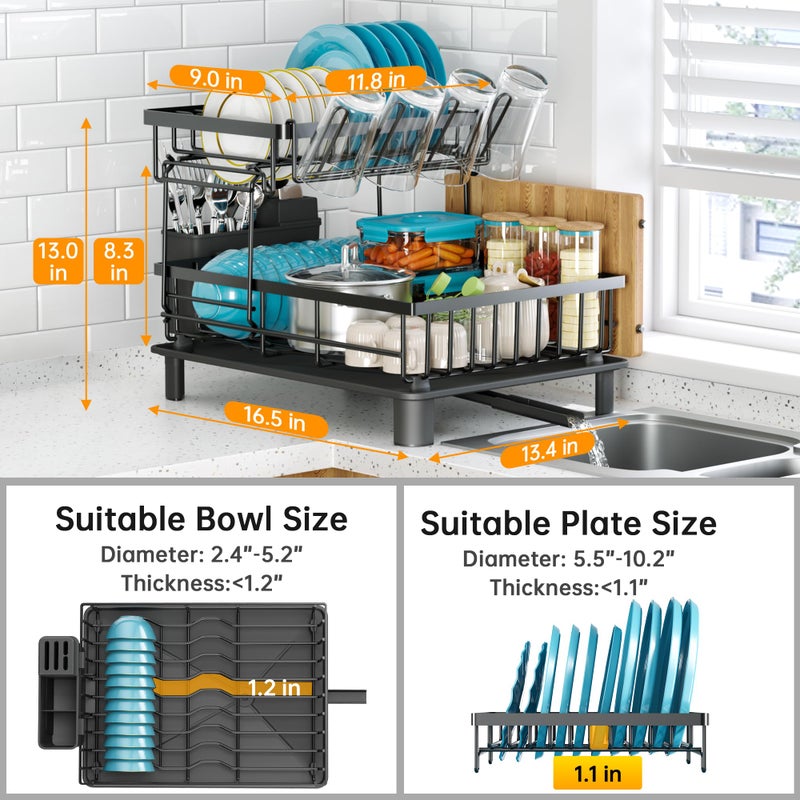 IMXSUMDA Dish Drying Rack, 2 Tier Dish Racks for Kitchen Counter, Compact Drying Rack Kitchen, Rust-Resistant Dish Drainer, Detachable Space-Saving Dish Rack with Drainboard, Utensil Holder, Black - Image 3