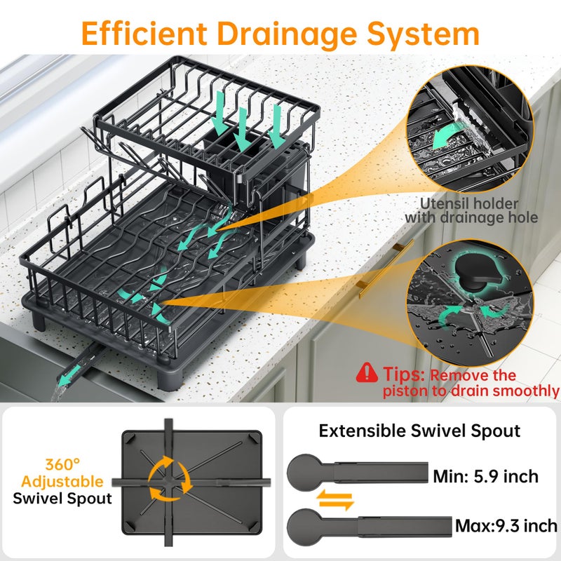 IMXSUMDA Dish Drying Rack, 2 Tier Dish Racks for Kitchen Counter, Compact Drying Rack Kitchen, Rust-Resistant Dish Drainer, Detachable Space-Saving Dish Rack with Drainboard, Utensil Holder, Black - Image 5