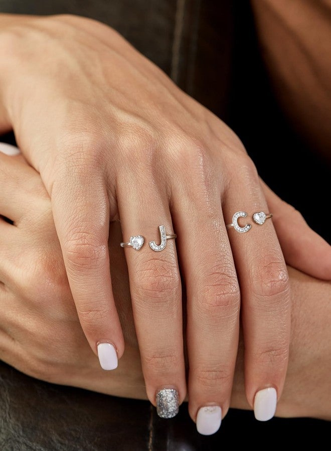 Silvora 925 Sterling Silver Heart Initial Rings for Women Letter Rings Adjustable Open Rings - Image 3