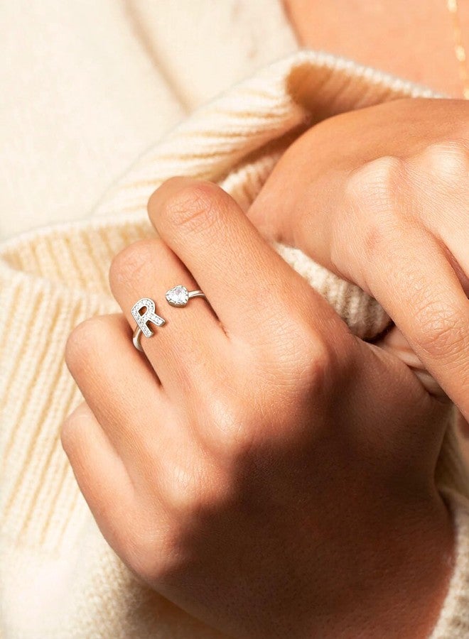 Silvora 925 Sterling Silver Heart Initial Rings for Women Letter Rings Adjustable Open Rings - Image 2