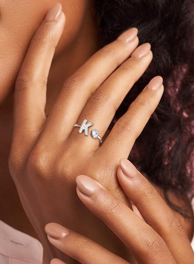 Silvora 925 Sterling Silver Heart Initial Rings for Women Letter Rings Adjustable Open Rings - Image 5