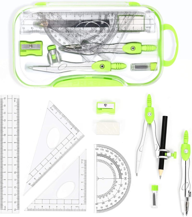 Vobou 10 Pieces Math Geometry Kit Set Student Supplies with Shatterproof Storage Box,Includes Rulers,Protractor,Compass,Eraser,Pencil Sharpener,Lead Refills,Pencil,for School and Drawings（Green） - Image 2