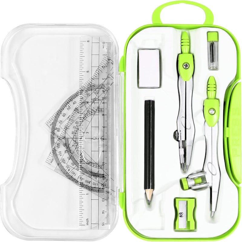 Vobou 10 Pieces Math Geometry Kit Set Student Supplies with Shatterproof Storage Box,Includes Rulers,Protractor,Compass,Eraser,Pencil Sharpener,Lead Refills,Pencil,for School and Drawings（Green） - Image 1