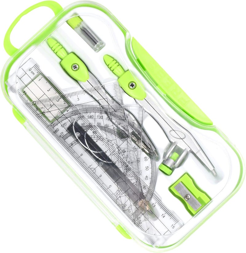 Vobou 10 Pieces Math Geometry Kit Set Student Supplies with Shatterproof Storage Box,Includes Rulers,Protractor,Compass,Eraser,Pencil Sharpener,Lead Refills,Pencil,for School and Drawings（Green） - Image 3
