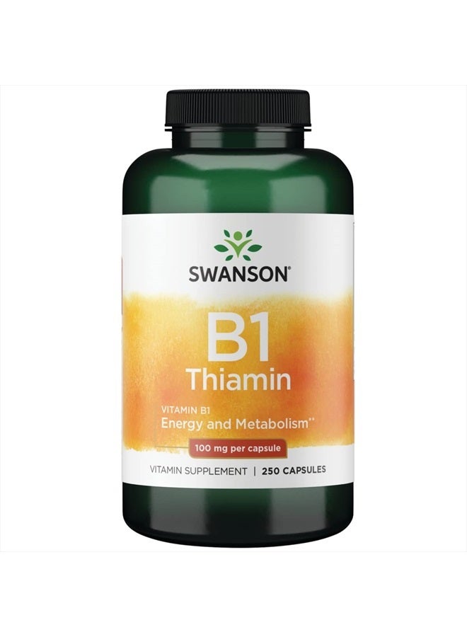 SWANSON فيتامين ب1 (ثيامين) - يعزز الأيض الصحي ويوفر دعم الطاقة - مكمل فيتامين طبيعي يدعم وظيفة خلايا الأعصاب المثلى - (250 كبسولة، 100 ملغ لكل منها) - Image 1