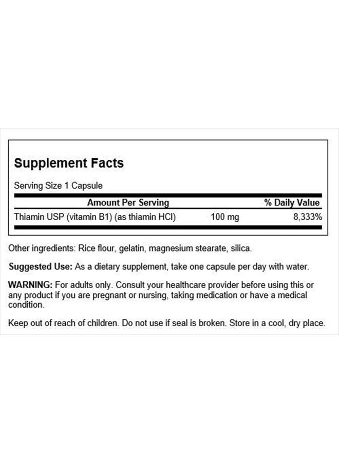 SWANSON فيتامين ب1 (ثيامين) - يعزز الأيض الصحي ويوفر دعم الطاقة - مكمل فيتامين طبيعي يدعم وظيفة خلايا الأعصاب المثلى - (250 كبسولة، 100 ملغ لكل منها) - Image 2