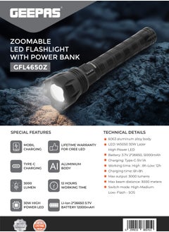 GEEPAS Zoomable 135MM Rechargeable Flashlight With Power Bank| Cree Led GFL4650  - Image 2