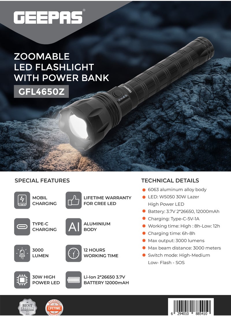GEEPAS Zoomable 135MM Rechargeable Flashlight With Power Bank| Cree Led GFL4650  - Image 2