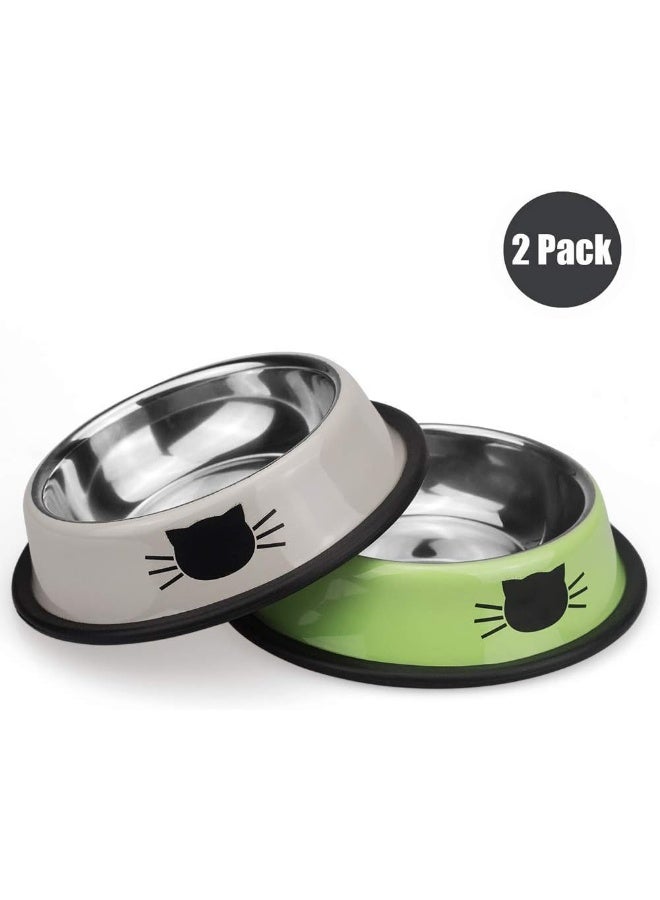 Rubik 2 Pack Stainless Steel Pet Dog Cat Bowls, Non-Skid Food and Water Dish Bowl with Cute Cats Painted for Small Dogs Cats Kitten Puppy Animals - Grey & Light Green 