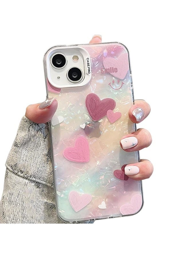 mobistyle Designed for iPhone 13 Cover Cool Shining Shell Love Heart Pattern Design with TPU Edges Phone Back Cover Case for Girls Women (Bling Heart Pink) - Image 1